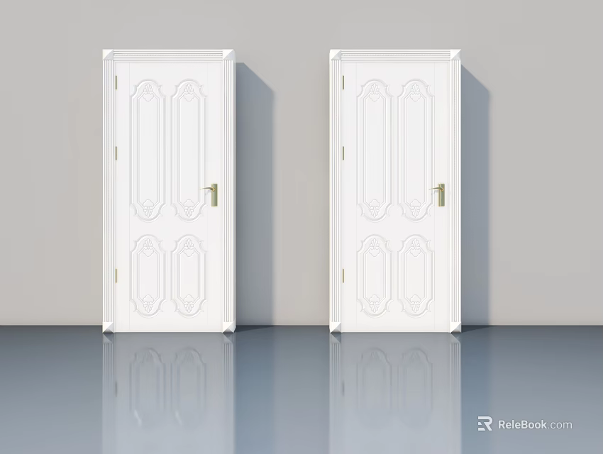 Two White Hinged Doors With Carved Design And Gold Handles In Interior 3d model 