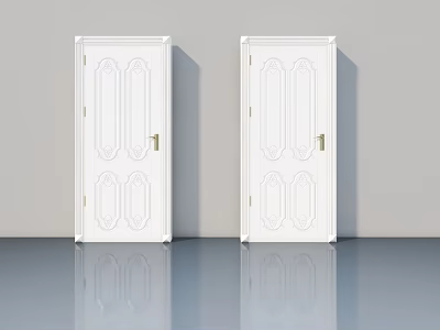 Two White Hinged Doors With Carved Design And Gold Handles In Interior 3d model