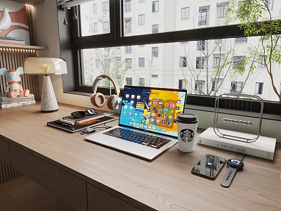 Modern Laptop With Colorful Interface On Desk With Headphones Coffee Cup And City View 3d model