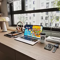 Modern Laptop With Colorful Interface On Desk With Headphones Coffee Cup And City View