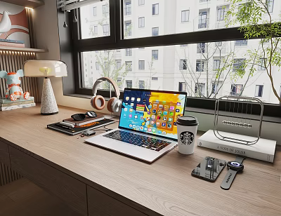Modern Laptop With Colorful Interface On Desk With Headphones Coffee Cup And City View 3d model