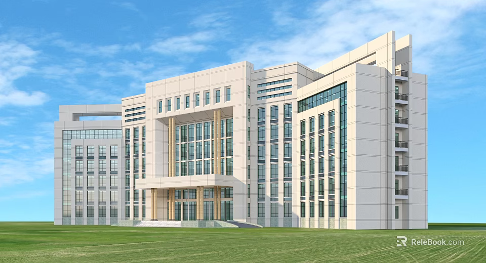 Modern Office Building With White Exterior Large Glass Windows And Front Lawn 3d model 