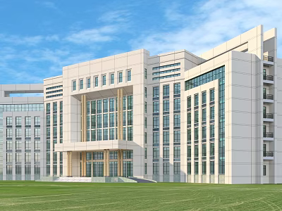 Modern Office Building With White Exterior Large Glass Windows And Front Lawn 3d model