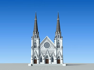 Christian Church Building With Twin Spires White Exterior And Circular Rose Window 3d model
