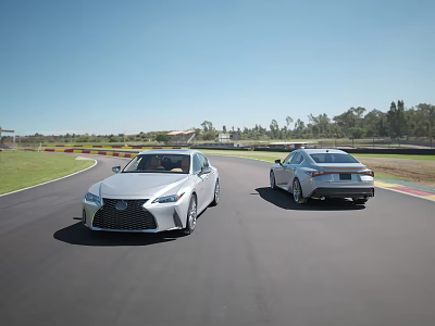 Lexus Silver Sedans Driving On Race Track Under Clear Blue Sky And Green Fields 3d model