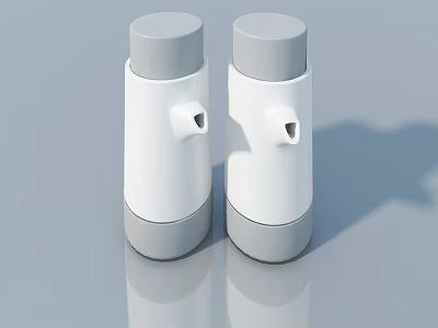Two White And Gray Cylindrical Containers With Lid And Spout On Reflective Surface 3d model