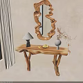 Rustic Wooden Console Table With Table Lamp Fruits Vase And Decorative Mirror