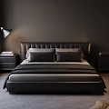 Modern Bedroom Interior With Black Leather Bed Window Blinds Table Lamp And Nightstand