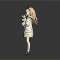Cartoon Character With Small Black Horns Hugging White Kitten In Yellow Trimmed Hoodie