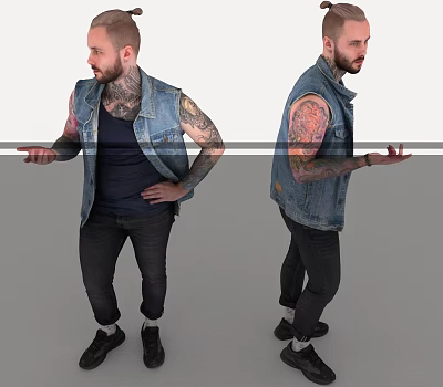 Tattooed Man In Denim Vest Dark T-Shirt Black Pants Black Shoes And Different Poses 3d model