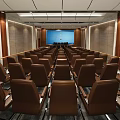 Modern Conference Room With Round Table Black Office Chairs And Blue Projector Screen