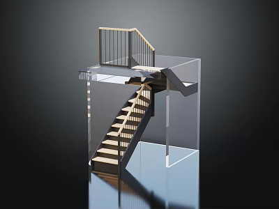 Modern Sleek Staircase With Wooden Steps Metal Railing And Glass Platform Design 3d model