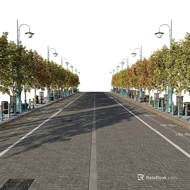 Neatly Arranged Road Facilities With Street Lamps Trees And Trash Bins Along Brick Pavement 3d model 