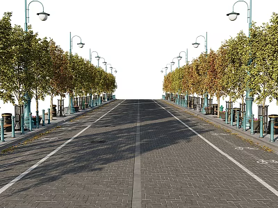Neatly Arranged Road Facilities With Street Lamps Trees And Trash Bins Along Brick Pavement 3d model