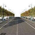 Neatly Arranged Road Facilities With Street Lamps Trees And Trash Bins Along Brick Pavement