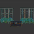 Wooden Window Frames With Flower Boxes Filled With Colorful Flowers And Vintage Chest