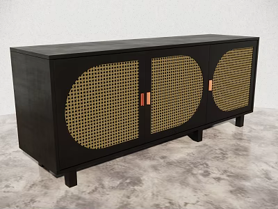 Black Modern TV Stand With Woven Door Panels And Brass Handles 3d model