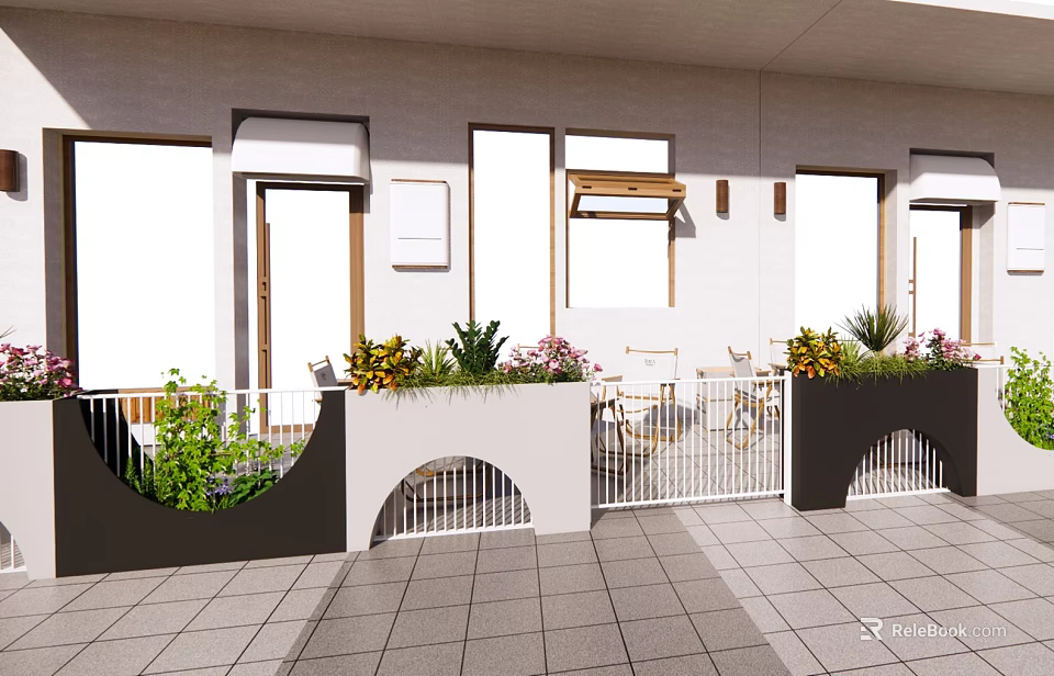 Modern Outdoor Flower Planters Featuring Flowers Green Plants In Courtyard Tile Floor White Railings 3d model 