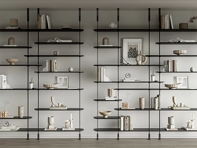 Modern Open Bookshelf Interior Design With Black Frame Books And Decorative Ornaments 3d model
