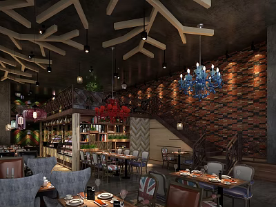 Modern Cafe Interior With Wooden Ceiling Chandeliers Brick Wall Tables Chairs And Staircase 3d model