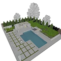 Serene Garden Landscape With Swimming Pool Pergola Seating And Lush Trees