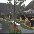 Scenic Wooden Guesthouse Buildings In Forest With Slide Stream And Road