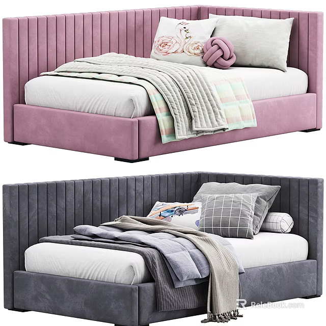 Modern Upholstered Beds With Pink Gray Headboards And Cozy Blankets Pillows 3d model 