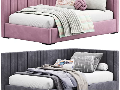 Modern Upholstered Beds With Pink Gray Headboards And Cozy Blankets Pillows 3d model