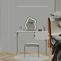 Modern Minimalist Dressing Table with Irregular Mirror Padded Stool and Pink Flowers 3d model