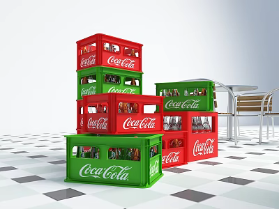 Stacked Coca-Cola Storage Crates With Red And Green Bottles And Wooden Tables 3d model