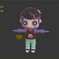 3D Cartoon Sculpture Carving With Black Hair Cross Eyes Blue Shirt Striped Shorts Red Heart