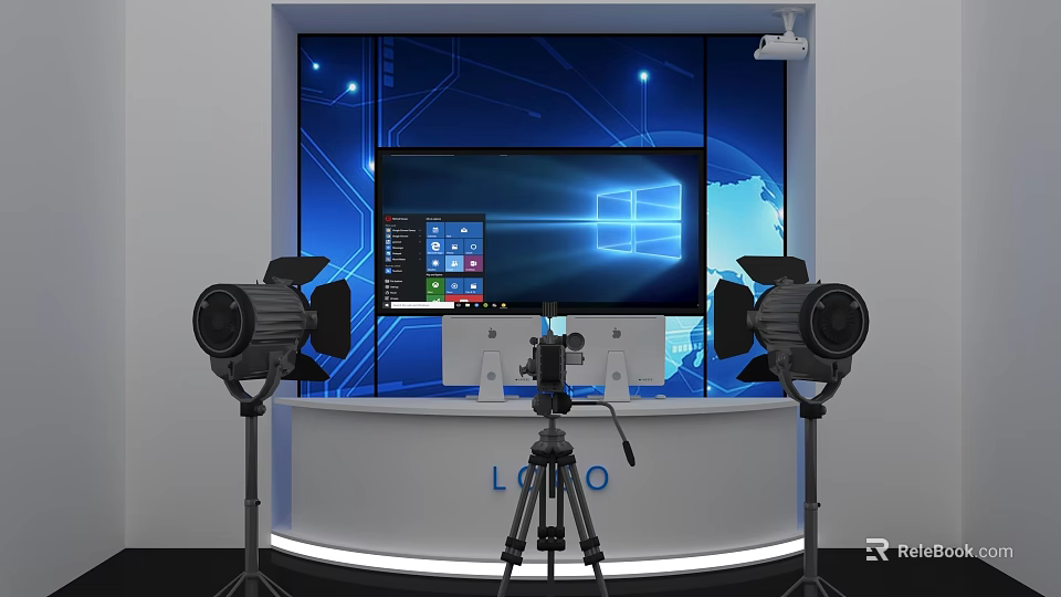 Projection Monitoring Setup With Large Monitor Tripod Projector Lamps And Background Screen 3d model 