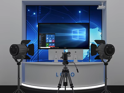 Projection Monitoring Setup With Large Monitor Tripod Projector Lamps And Background Screen 3d model