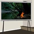 Modern TV on Stand Displaying Forest Campfire Scene in Living Room with Window and Bookshelf