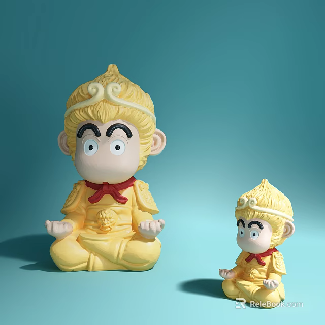 Yellow Monkey Dolls Large and Small Sitting with Red Scarf on Light Blue Background 3d model