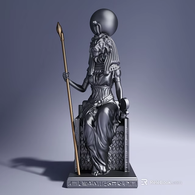 Detailed Lion Headed Goddess Sculpture Carving Seated On Ornate Throne With Scepter 3d model 