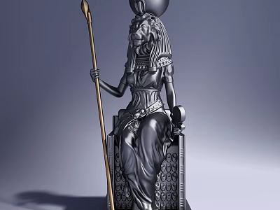 Detailed Lion Headed Goddess Sculpture Carving Seated On Ornate Throne With Scepter 3d model