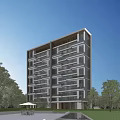 Modern High Rise Residential Building With Balconies And Green Plants Surrounded By Trees