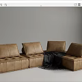 Brown Leather Sectional Sofa With Modular Design And Black Throw Blanket 3d model