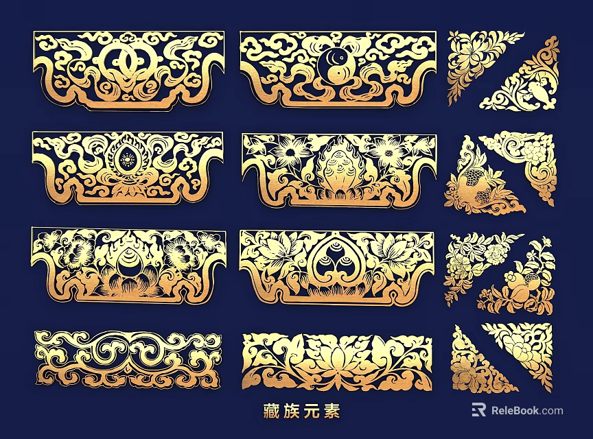 Golden Carved Patterns Various Intricate Decorative Elements On Dark Blue Background For Design Projects 3d model