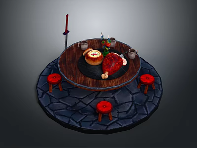 Round Wooden Dining Table With Roast Meat Cake And Red Stools On Stone Pavement 3d model