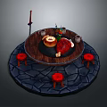 Round Wooden Dining Table With Roast Meat Cake And Red Stools On Stone Pavement