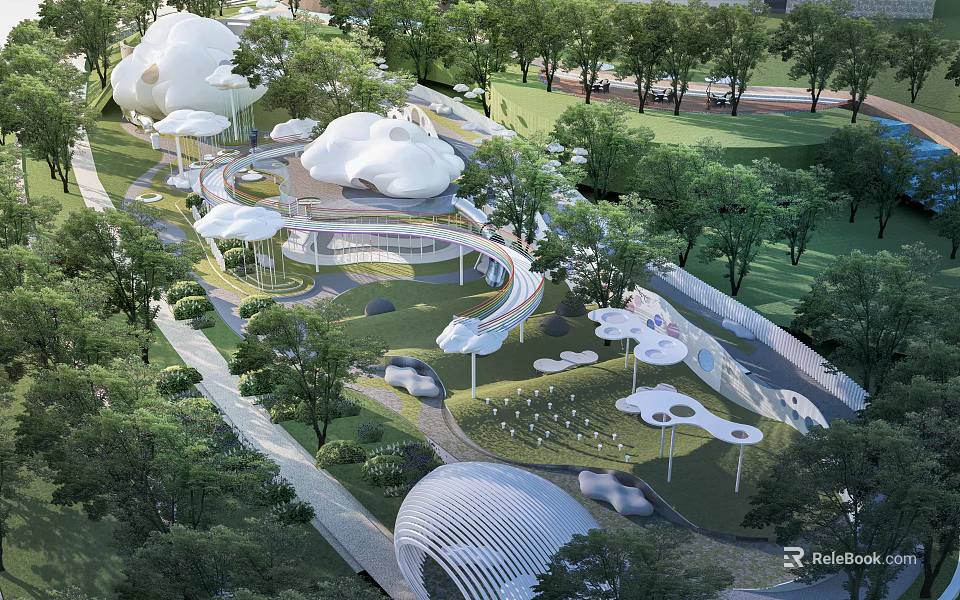 Modern Urban Park Landscape With White Curved Structures Green Lawns Trees And Paths 3d model 