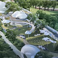 Modern Urban Park Landscape With White Curved Structures Green Lawns Trees And Paths