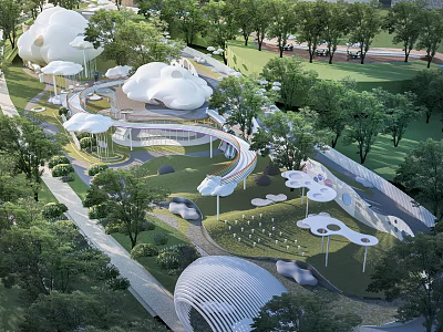 Modern Urban Park Landscape With White Curved Structures Green Lawns Trees And Paths 3d model