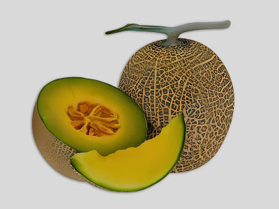 Fresh Juicy Whole Netted Skin Cantaloupe With Sliced Yellow Flesh And Seeds 3d model