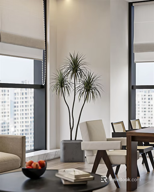 Modern Office Interior With Large Windows Tall Potted Plant Wooden Dining Table And Beige Chairs 3d model 