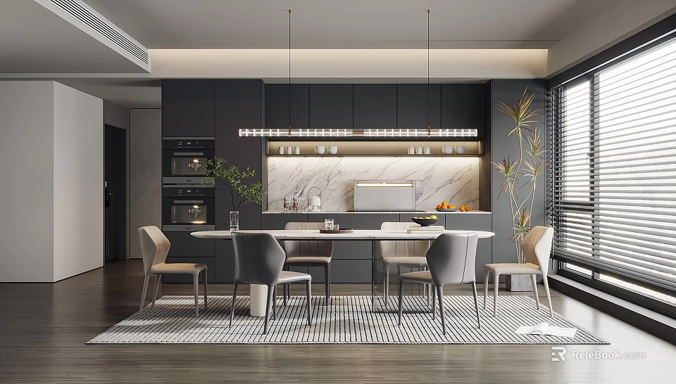 Modern Restaurant Interior Design With Dining Table Chairs And Pendant Lights 3d model