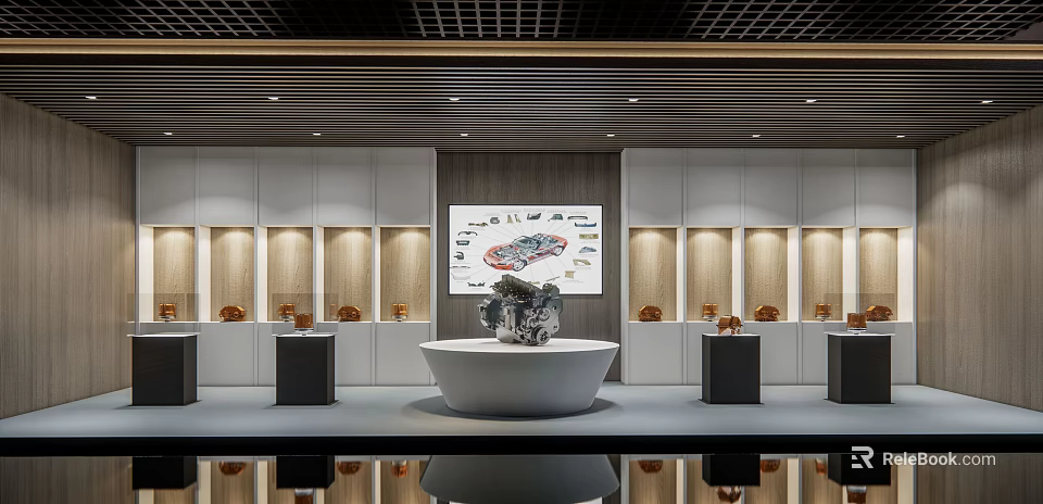Modern Exhibition Hall Interior With White Display Cabinets Large Screen Circular Platform And Mechanical Device 3d model 