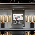 Modern Exhibition Hall Interior With White Display Cabinets Large Screen Circular Platform And Mechanical Device 3d model